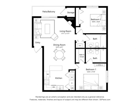 Floor plan for 2 beds, 2 baths, 1016 sqft